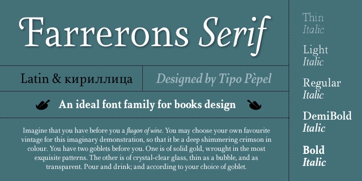 Ejemplo de fuente Farrerons Serif Italic