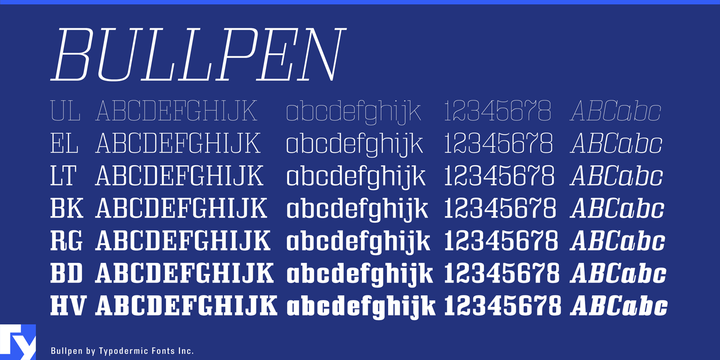 Ejemplo de fuente Bullpen Rg Bold Italic