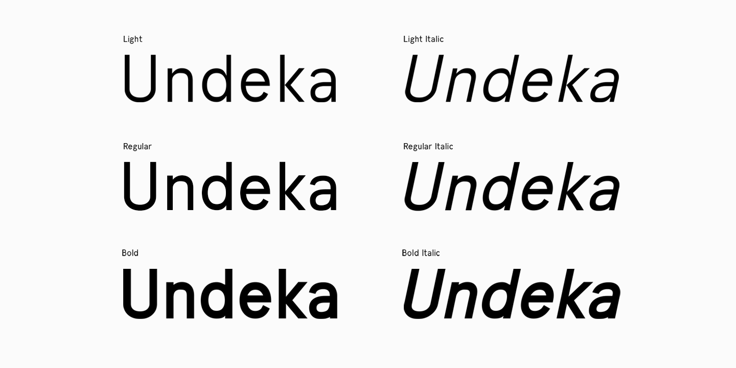 Ejemplo de fuente Undeka Light Italic